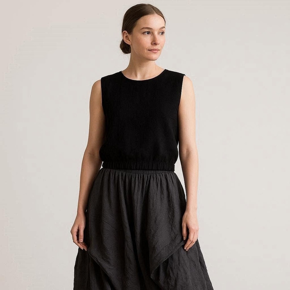 Lagenlook Normcore Bubble Elastic Hem Padded Strong Shoulder Black Tank XS